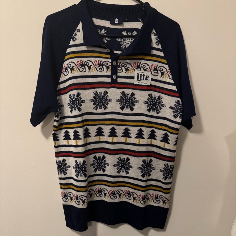 Miller Lite Men’s Navy and White Snowflake Polo Shirt/sweater medium